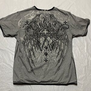 Affliction Vintage Made In USA Gray Black Graphic Print Cross T Shirt Size XL